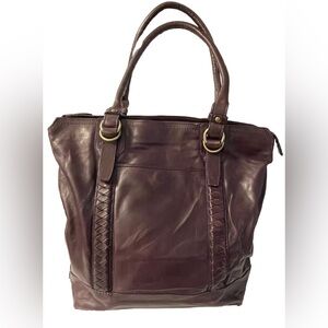 Cole Haan Burgundy Leather Tote Handbag Breaded Detail 15” W x 4” D x 14” H